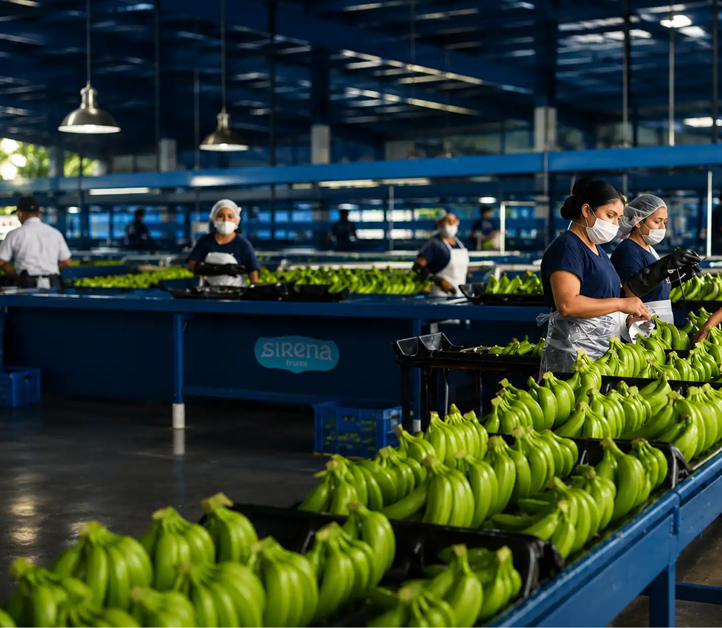 Trabajadoras de Sirena Fruits organizando el inventario de bananas verdes